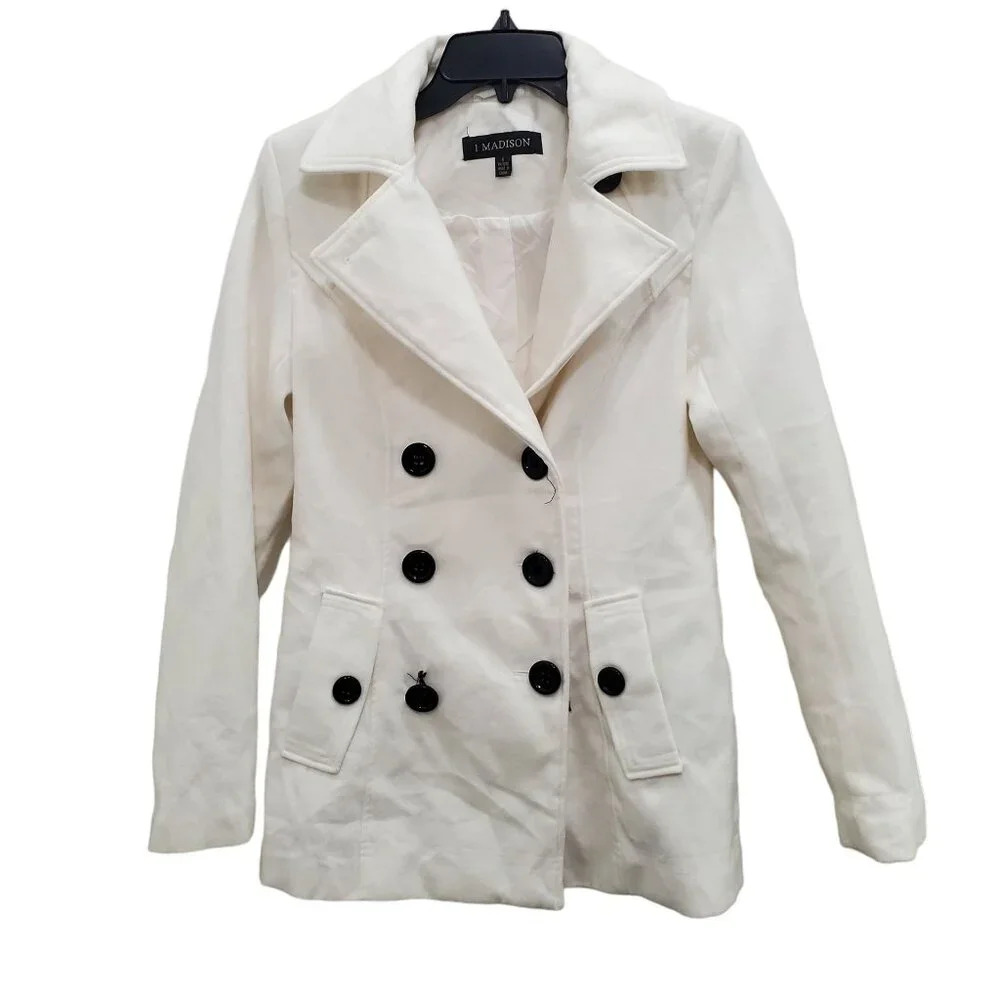 1 Madison‎ Women's White Soft Fleece Feel Double Breasted Pea Coat Size S